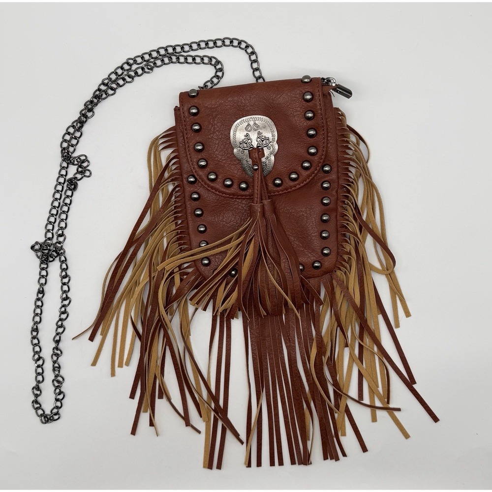 Vintage Fringe Crossbody Bag Women Rivet Leather Phone Purse Chain Shoulder Bag - Picture 1 of 6